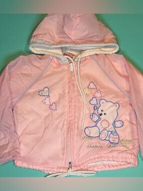 Vintage 80’s  Little Girls Hooded Jacket with Teddy Bear & Heart Embroidery